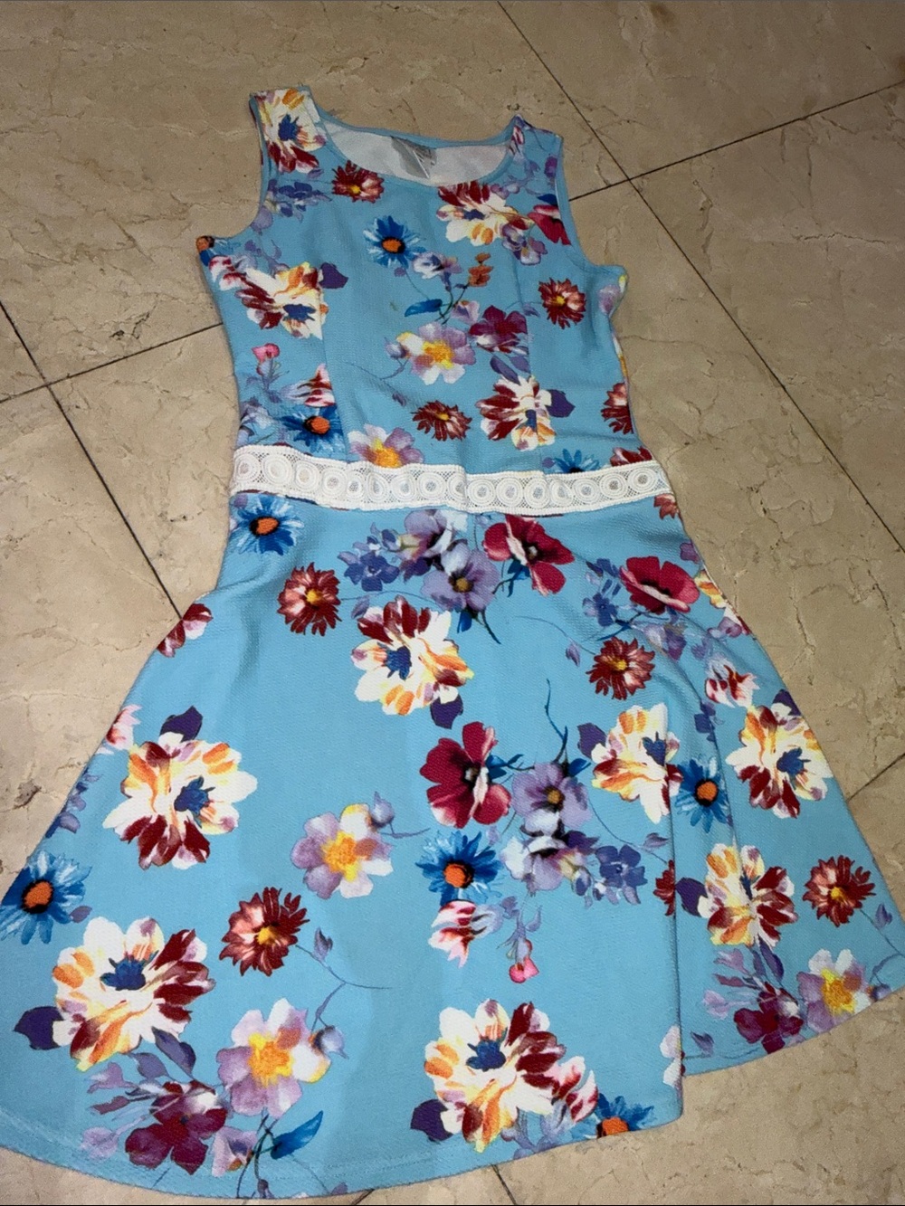 Girls' Blue Floral Fit-and-Flare Dress with Lace Waist